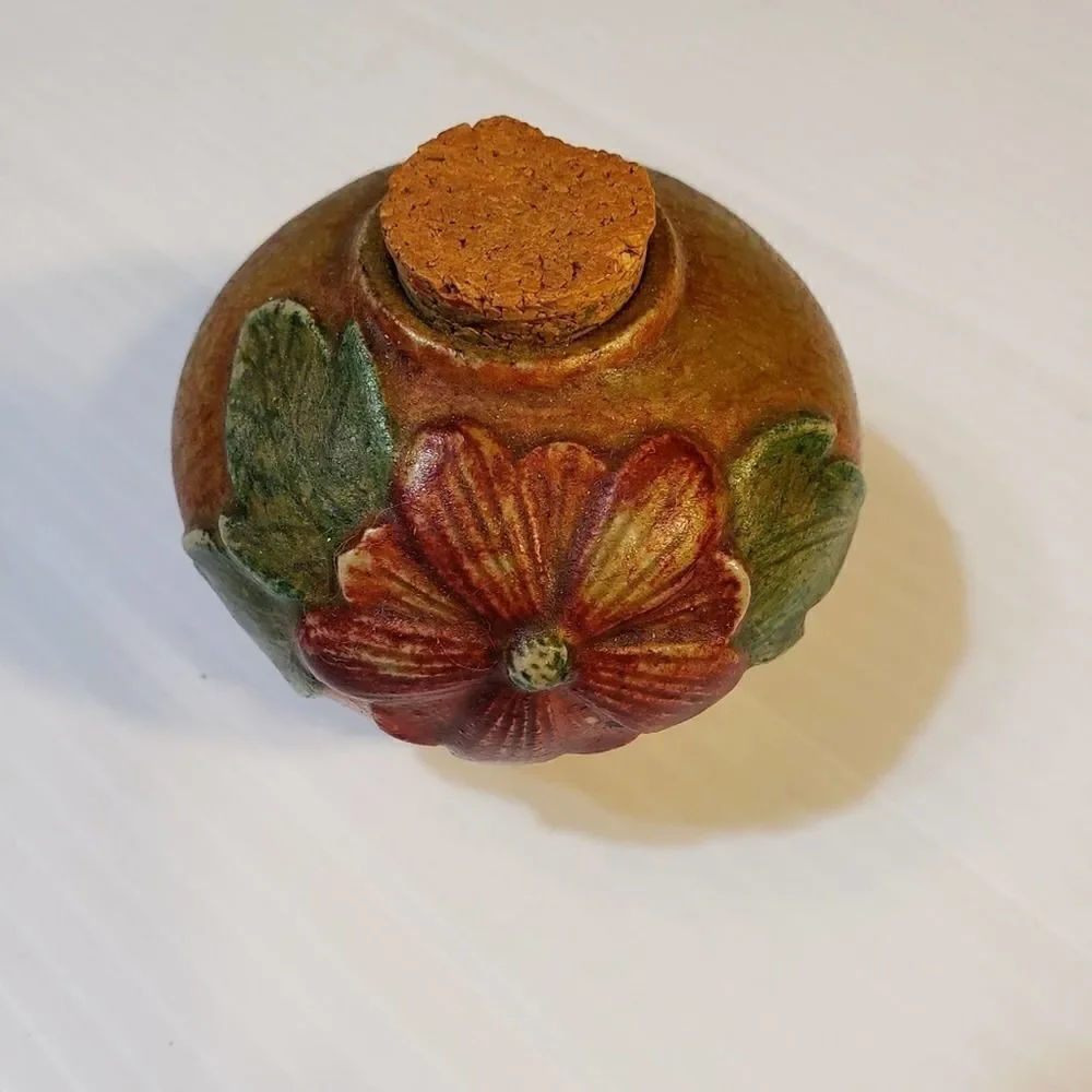 Vintage Handpainted Pottery cork lid Stash Jar Pot